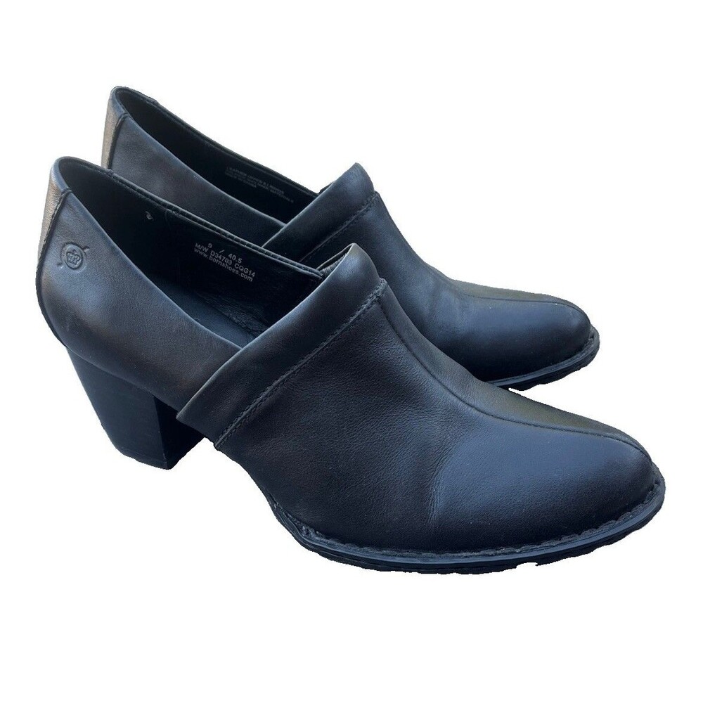 Born Black Leather Block Heel Pumps Shooties Comfort Slip On Shoes Womens Size 9